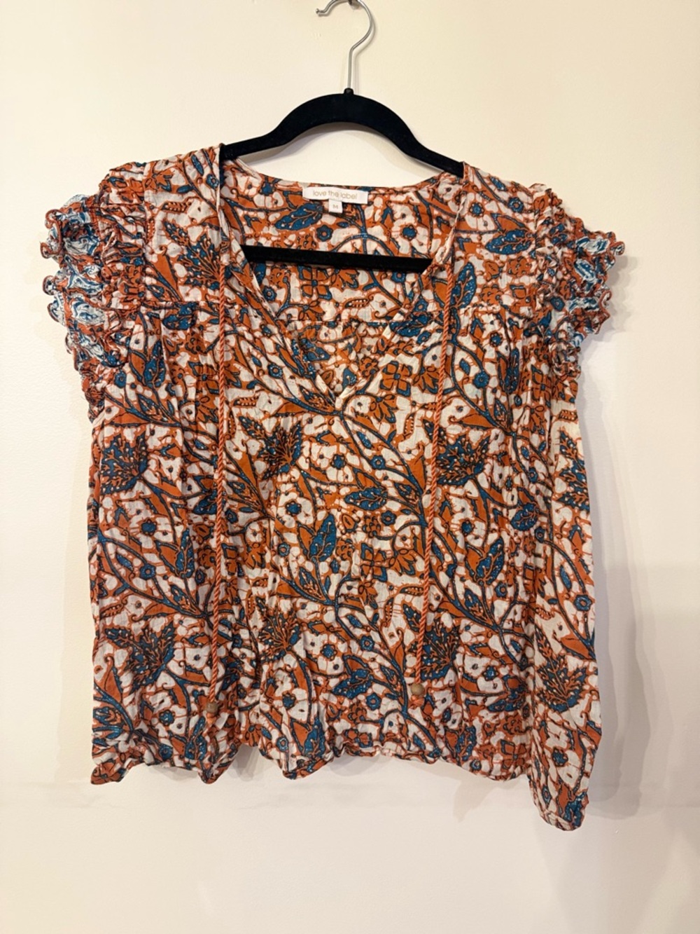 Smocked Short-Sleeve Floral V-Neck Blouse in Rust, Teal & Cream